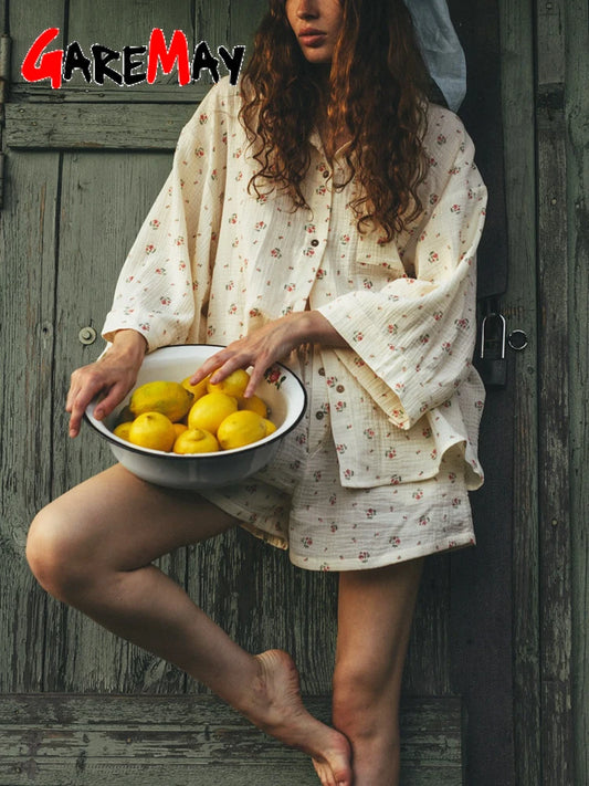 Women's Summer Suit with Shorts Cotton Muslin Beach Two Piece Set Women Vintage Classic Suit Shirt and Shorts for Women Light