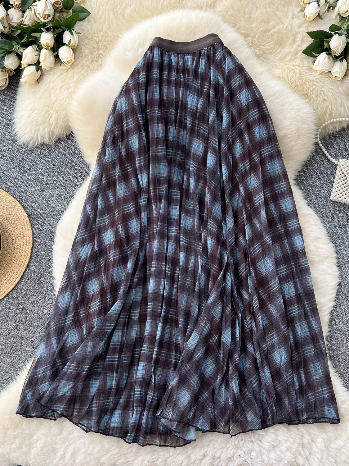 High Waist A-Line Midi Skirt Women's Plaid Elastic Waist Slimming Skirts Commute Korean Style Standard Fit Polyester Fiber