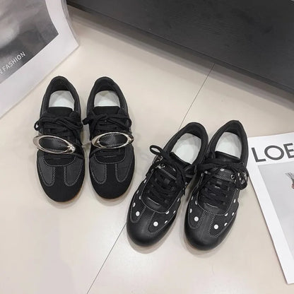 Korean Style Black Polka Dot Sneakers Women Spring 2026 Luxury Metal Decoration Designer Vulcanize Shoes Woman's Sports Shoes