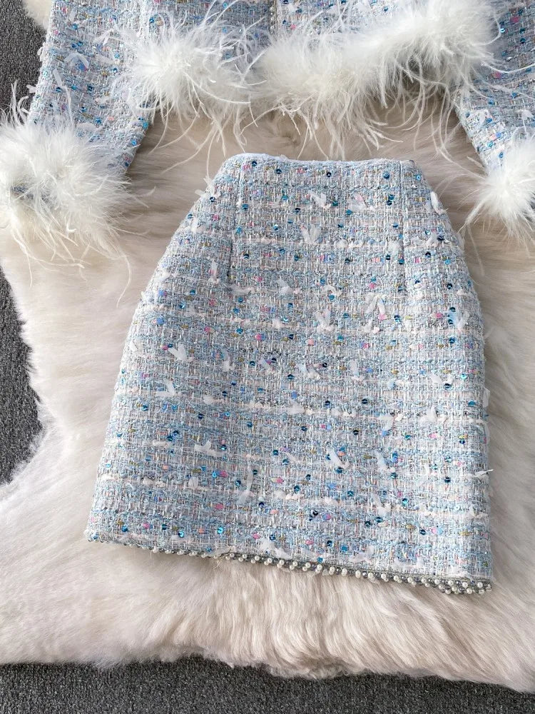 Autumn Winter Women Slim Fit Tweed Jacket Mini Skirt Two Piece Set Elegant Ladies Feathers Beading Sequin Birthday Party Outfits