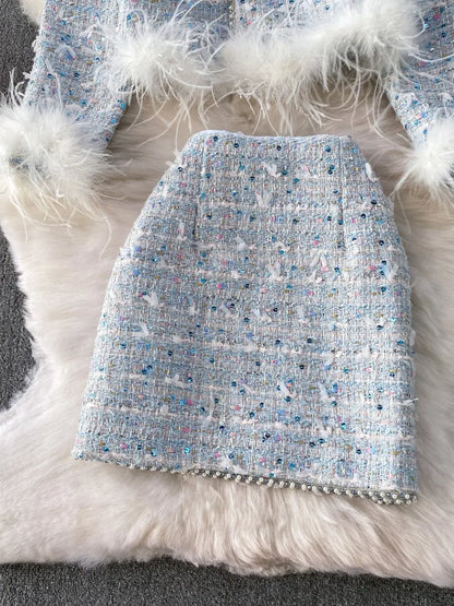 Autumn Winter Women Slim Fit Tweed Jacket Mini Skirt Two Piece Set Elegant Ladies Feathers Beading Sequin Birthday Party Outfits