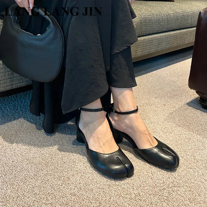 Women Split Toe Ninja Tabi Pumps Woman 5cm Heels Mary Janes Round Heels Shoes Buckle Strap Shallow Sandals Shoes For Party Mules