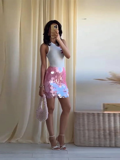 Sexy Women's Pink Sequin Mini Skirt Large Disc Sequin Detail Sparkly Party Skirts Cocktail Date Night Slim Fit Party Clubwear