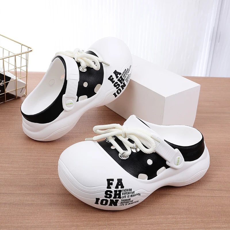 Women's Outdoor Chunky Platform Sandals Non-Slip Clogs Slides Flat Breathable Striped Shoelaces Closed Toe Thick Sole Slippers