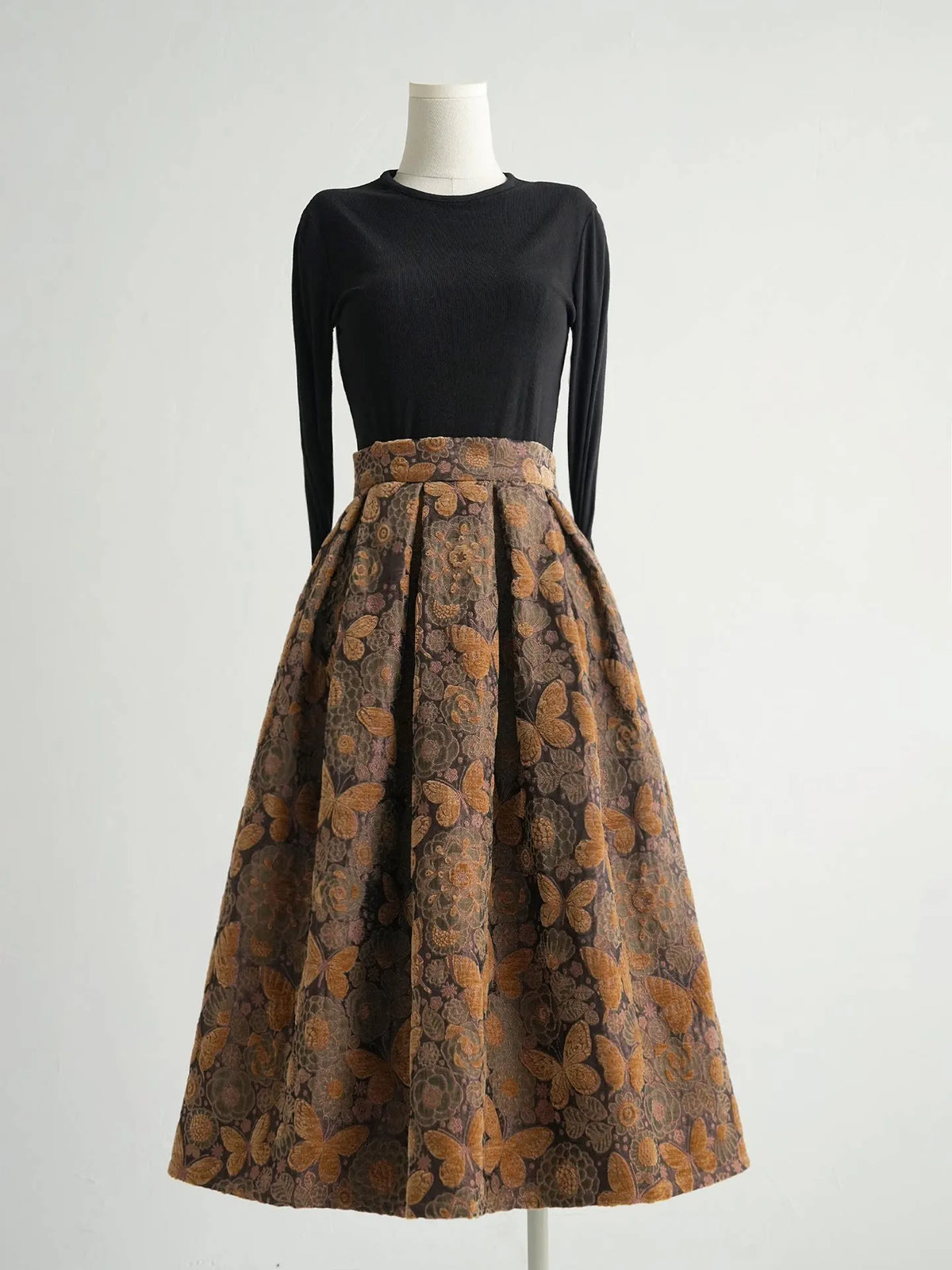 High Quality New Autumn Winter Vintage Butterfly Jacquard Mid-long Umbrella Skirt Elegant High Waist Casual Women Woolen Skirts