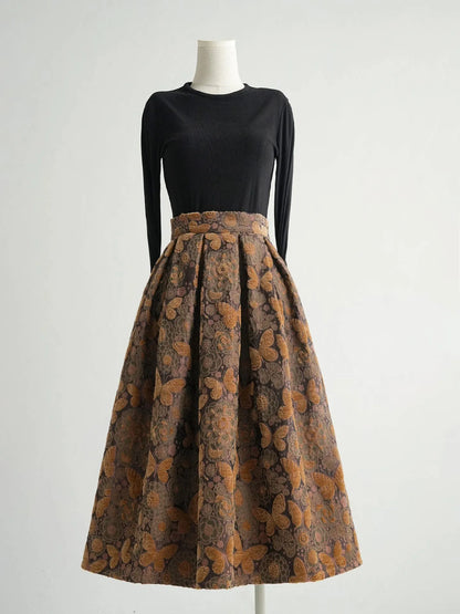High Quality New Autumn Winter Vintage Butterfly Jacquard Mid-long Umbrella Skirt Elegant High Waist Casual Women Woolen Skirts