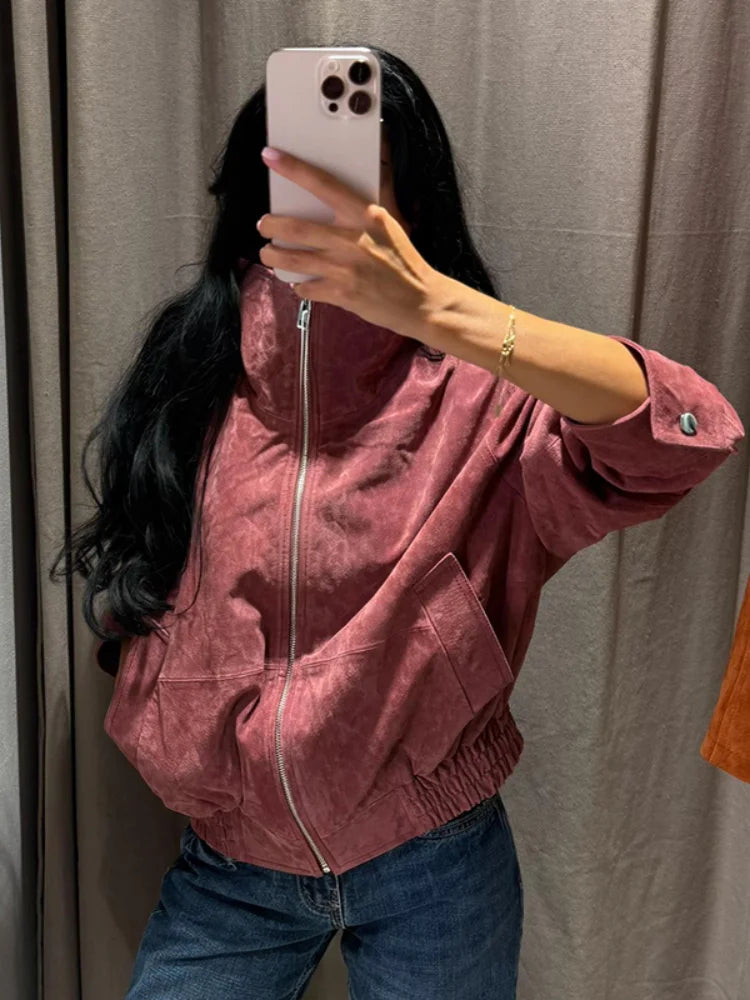 Women Dusty Faux Suede Bomber Jacket Stand Collar Zip Up Loose Drop Shoulder Elastic Hem Casual Fall Outerwear 2026 Fashion Coat