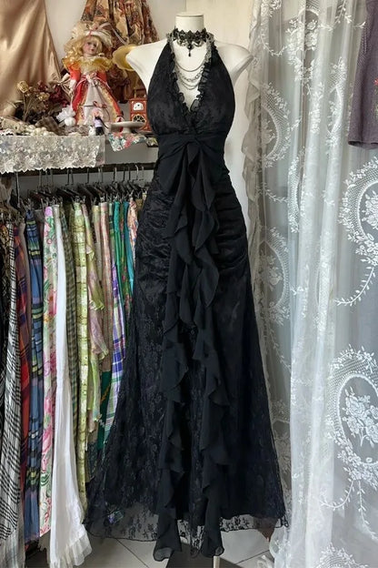 Summer Gothic Grunge Y2k Lace Dress Women Dark Academia Sexy Slim Party Dresses Korean Fashion Design Festival Long Prom Dress