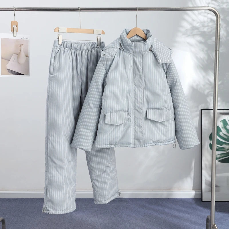Urban Solid Women Stripe Padded Coat Pant Set Casual Full Sleeve Hooded Zipper Jacket Elastic Waist Pants 2026 Winter Lady Suits