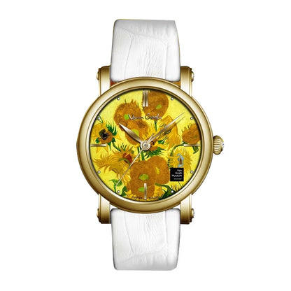 Van Gogh Sunflower Oil Painting Dial Quartz Watch for Women Swiss Movement 36mm Gold Case White Leather Strap