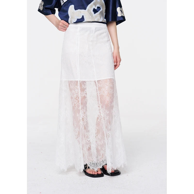 ELFSACK Romantic Lace Midi Skirt, Sheer See-Through A-Line Skirt, Elegant Slimming Long Skirt for Women
