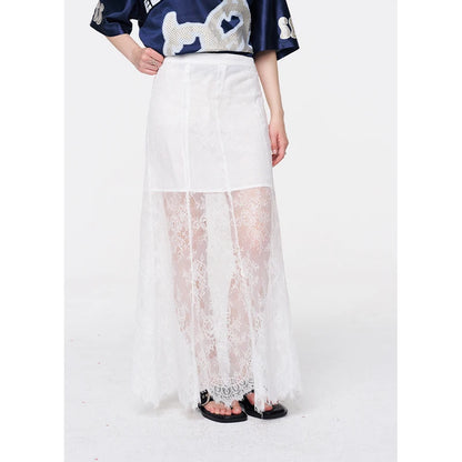 ELFSACK Romantic Lace Midi Skirt, Sheer See-Through A-Line Skirt, Elegant Slimming Long Skirt for Women
