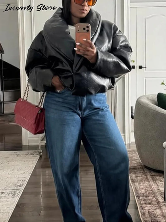 Fashion Faux Leather Padded Jackets Women's Oversized Lapel Full Sleeve Cropped Warm Coats 2026 Winter New Lady Solid Outerwear
