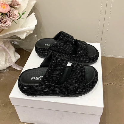 Fashion Flat Sandals Summer New Round Head Open Toe Crystal with Waterproof Table Anti-slip Wear-resistant Slippers