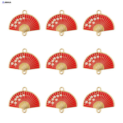15pcs Enamel Fan Charms Connector Sakura Pattern Pendants For Crafts Jewelry Making DIY Bracelets Earrings Accessories