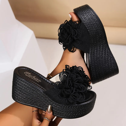 Women Wedges Slippers 2024 New Summer Beach Platform Sandals Fashion Flower Slippers Women High Heel Slippers Slides Women