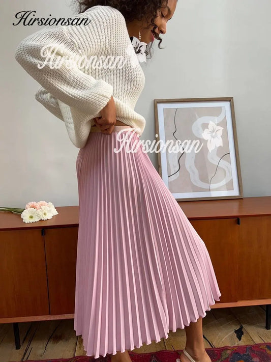 Hirsionsan Pleated Skirts Women 2023 Autumn New  Korean Fashion Vintage Solid A Line Skirt for Lady Chic Elegant Midi Skirt