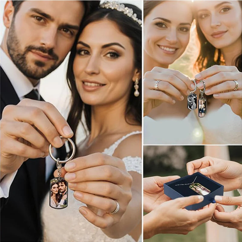 Personalized Photo Keychain, Custom Laser-Engraved Portrait Keychain, Stainless Steel Black Military Tag Pendant, Wedding Thank You Letter Keychain Gift, Valentine's Day Commemorative Keychain, Anniversary Gift