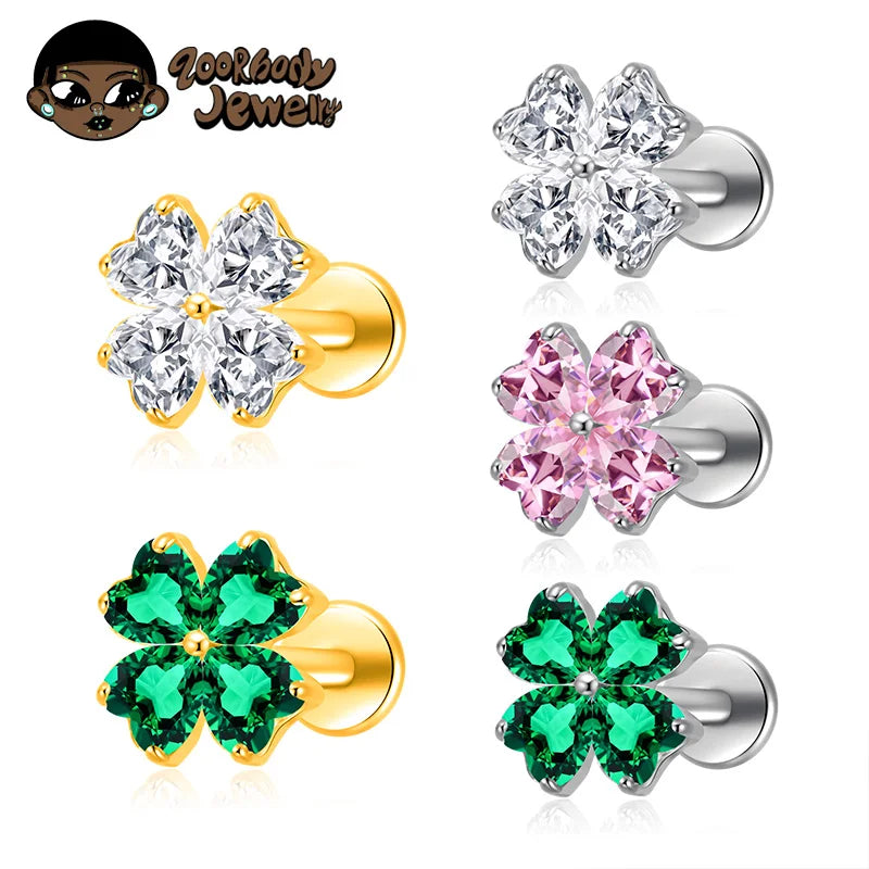ASTM F136 TItanium with Heart CZ Flower Lab Piercing Labret Lip Studs Sparkle Ear Tragus Helix Conch Lobe Earrings Body Jewelry
