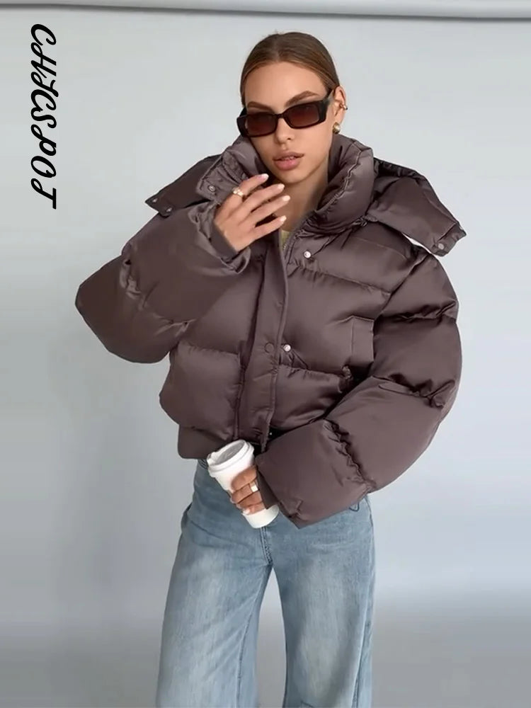 Women's Padded Jackets Hooded Stand Collar Zipper Cropped Coats Winter Female Lantern Sleeves Solid Loose Jacket New Outerwears