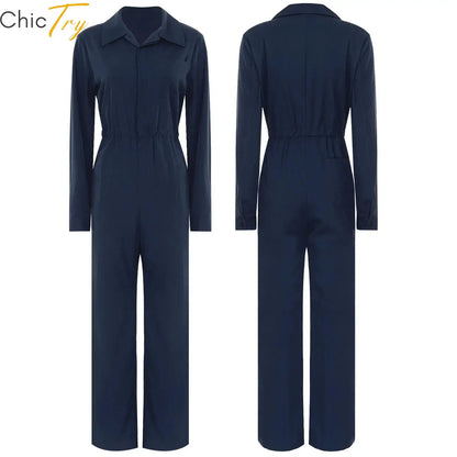 Womens Work Jumpsuit Fashion Button Coverall Casual Turn Down Collar Long Sleeve Romper Overall Elegant Button Front Design