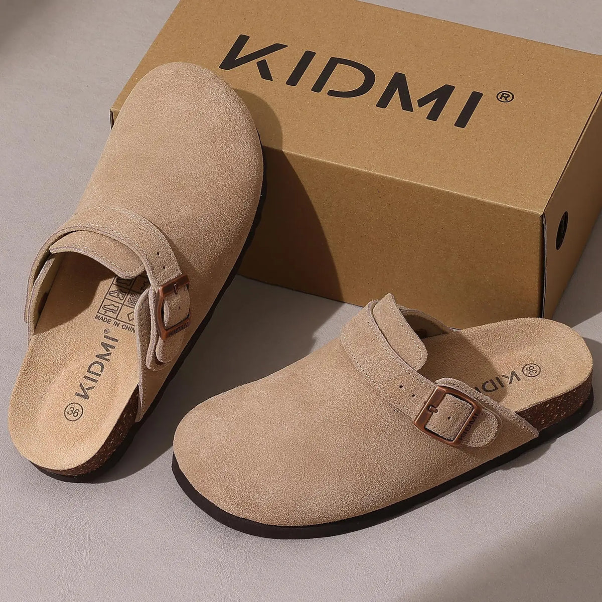 Evshine Women Suede Cork Slippers with Adjustbale  Strap Comfy Arch Support Leather Mules Retro Men Potato Shoes Lady Cork Clogs