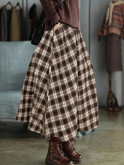Womens Vintage Plaid Midi Skirt High Waist Elastic A Line Long Skirt Autumn Winter Casual