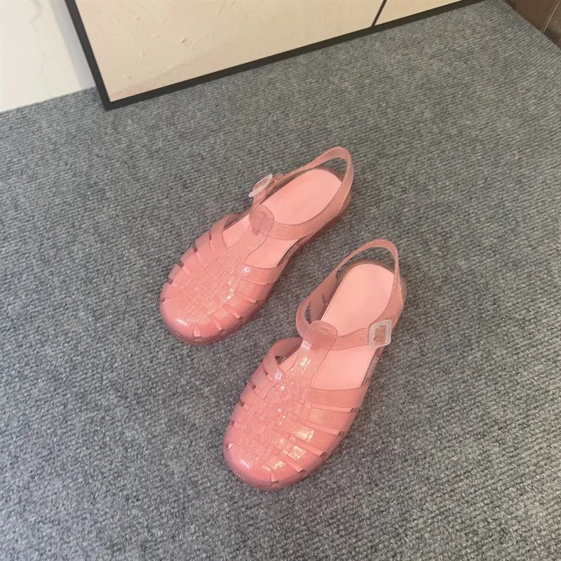 Hot Sale New Ladies Jelly Shoes Girl Hollowed Out Flat Roman Beach Shoes Classical Women Summer Mini Melis Sandals Retro SM128