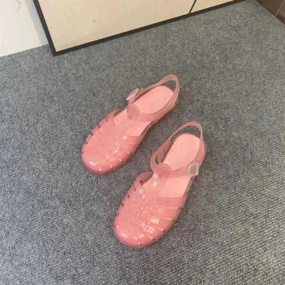 Hot Sale New Ladies Jelly Shoes Girl Hollowed Out Flat Roman Beach Shoes Classical Women Summer Mini Melis Sandals Retro SM128