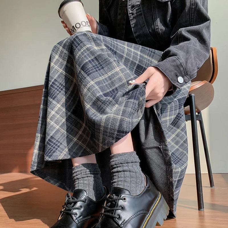 Women's Plaid Pleated A-Line Long Skirt