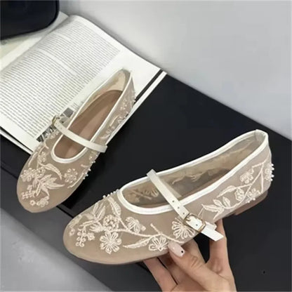 Embroidery Flowers Pearl Mesh Round Tor Ballet Flats Woman Loafers Buckle Strap Ladies Mary Jane Mules Shoes Zapatos De Mujer