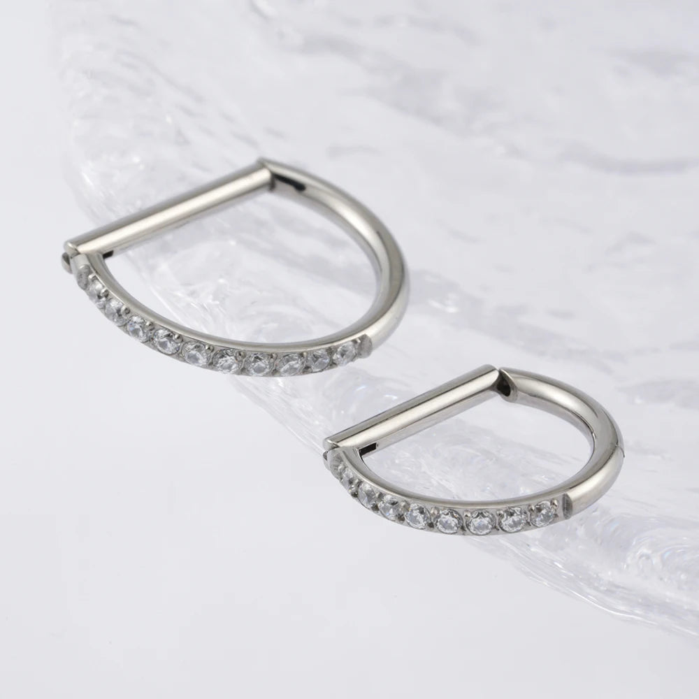 Right Grand ASTM F136 Titanium D Shape Septum Ring with CZ 16G Hinged Segment Clicker Hoop Conch Helix Piercing Body Jewelry