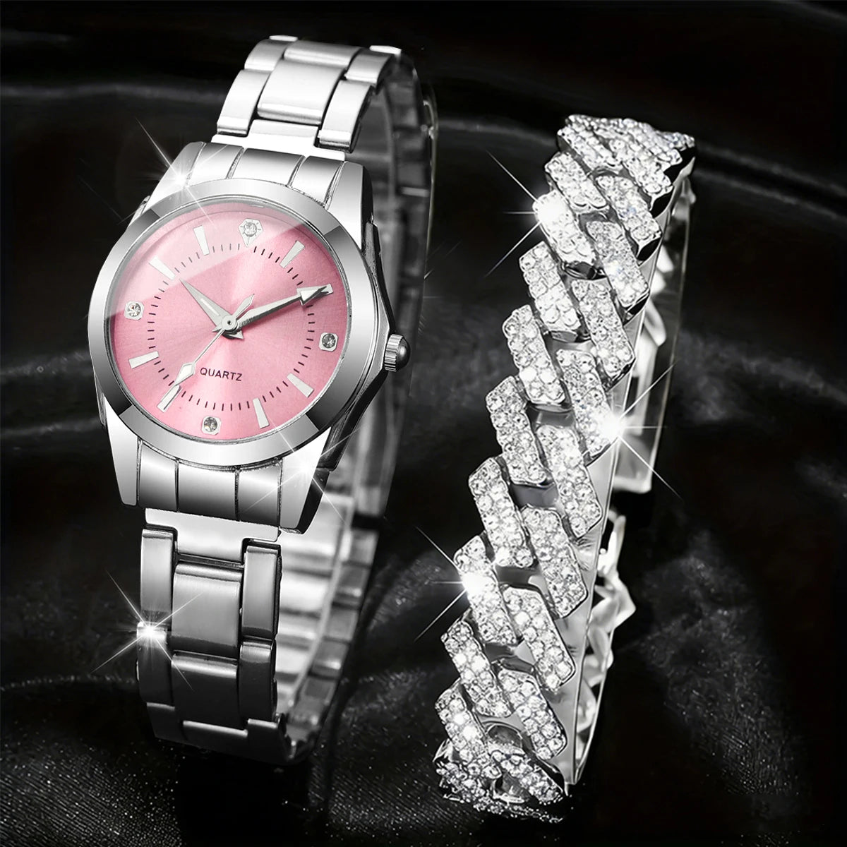 2PCS Fashion Rhinestone Women Watches Bracelet Set Stainless Steel Band Quartz Wristwatch Reloj Mujer Girls Clock（Without Box）