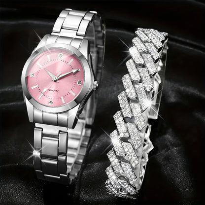 2PCS Fashion Rhinestone Women Watches Bracelet Set Stainless Steel Band Quartz Wristwatch Reloj Mujer Girls Clock（Without Box）