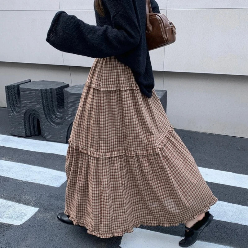Qiukichonson 100%Cotton Plaid Skirt Women 2026 Spring Autumn Korean Casual High Waisted A-Line Ruffles Midi Long Maxi Skirts rok