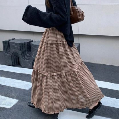 Qiukichonson 100%Cotton Plaid Skirt Women 2026 Spring Autumn Korean Casual High Waisted A-Line Ruffles Midi Long Maxi Skirts rok