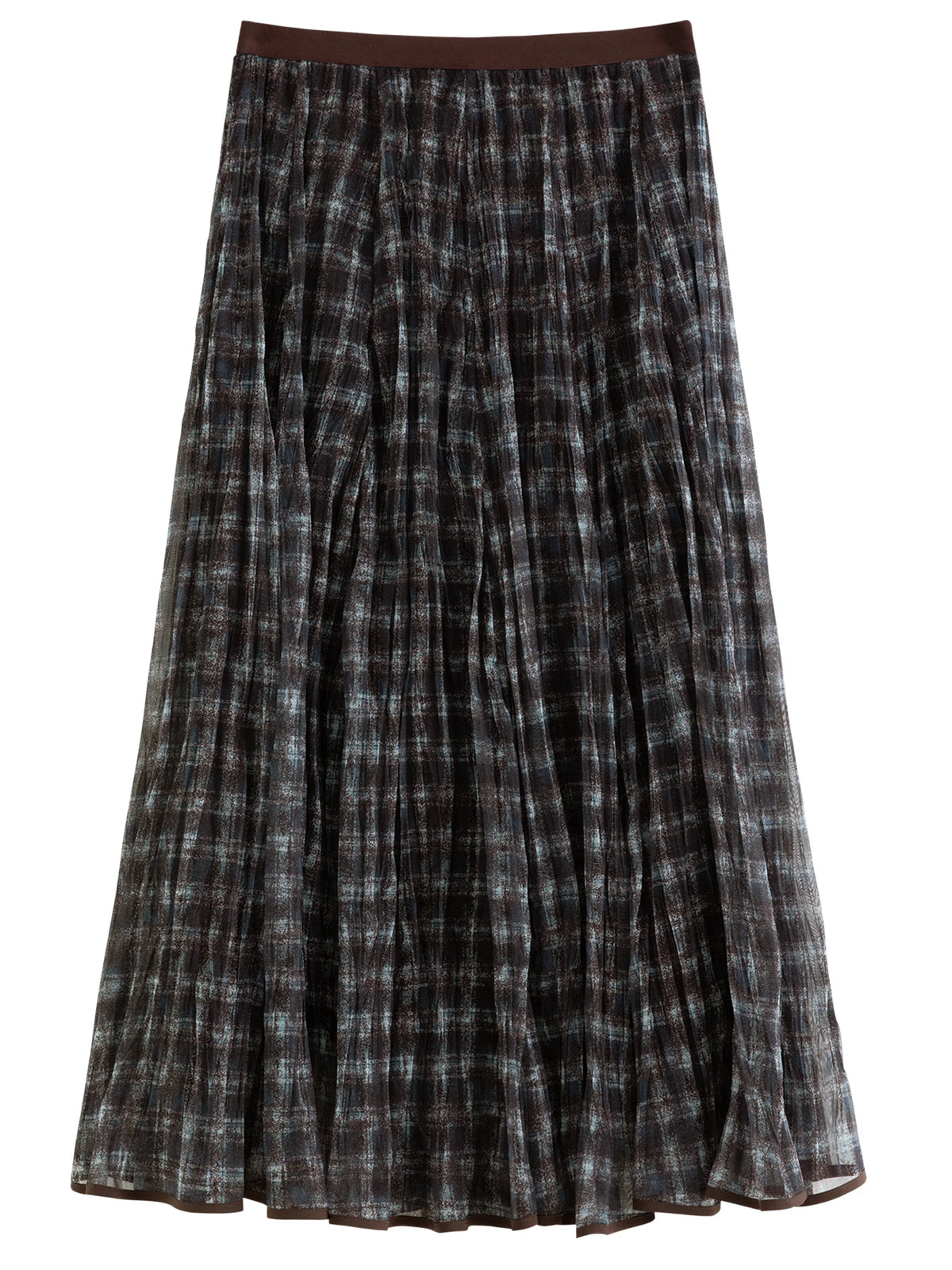DUSHU Blue Brown Plaid Tulle Pleated Plaid Midi Skirt Women A-line Irregular Midi Skirt for Winter Vintage Fairy Personality Ins