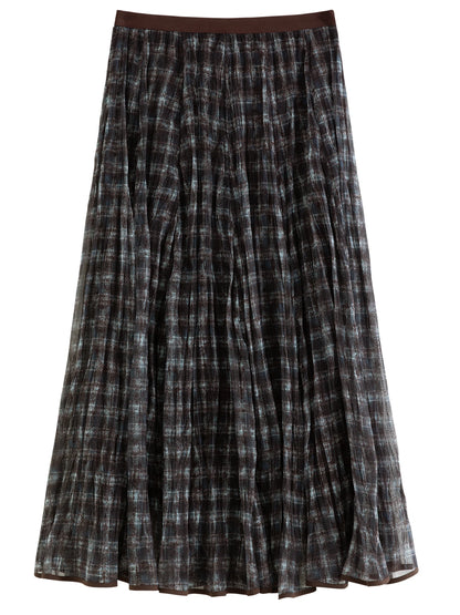 DUSHU Blue Brown Plaid Tulle Pleated Plaid Midi Skirt Women A-line Irregular Midi Skirt for Winter Vintage Fairy Personality Ins