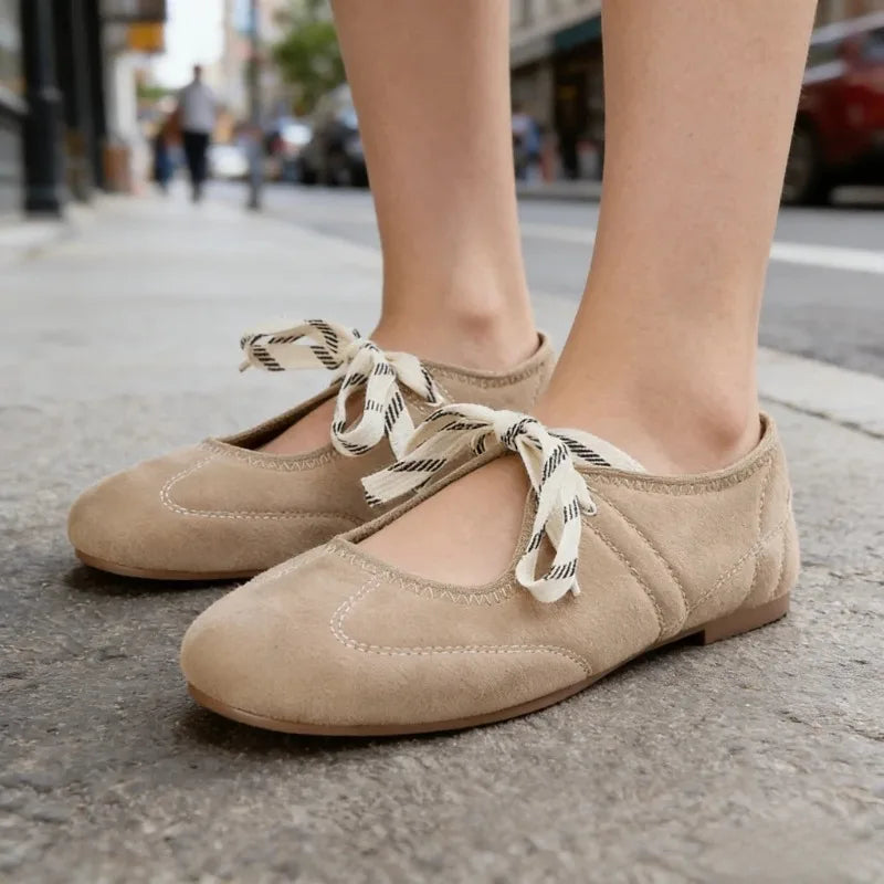 Fashion Round Toe Ballet Flats Women Lace-up Faux Suede Shallow Concise Soft Sole Mary Jane Shoes Women Casual Brand Shoes