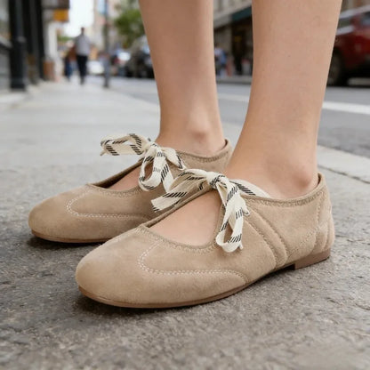 Fashion Round Toe Ballet Flats Women Lace-up Faux Suede Shallow Concise Soft Sole Mary Jane Shoes Women Casual Brand Shoes