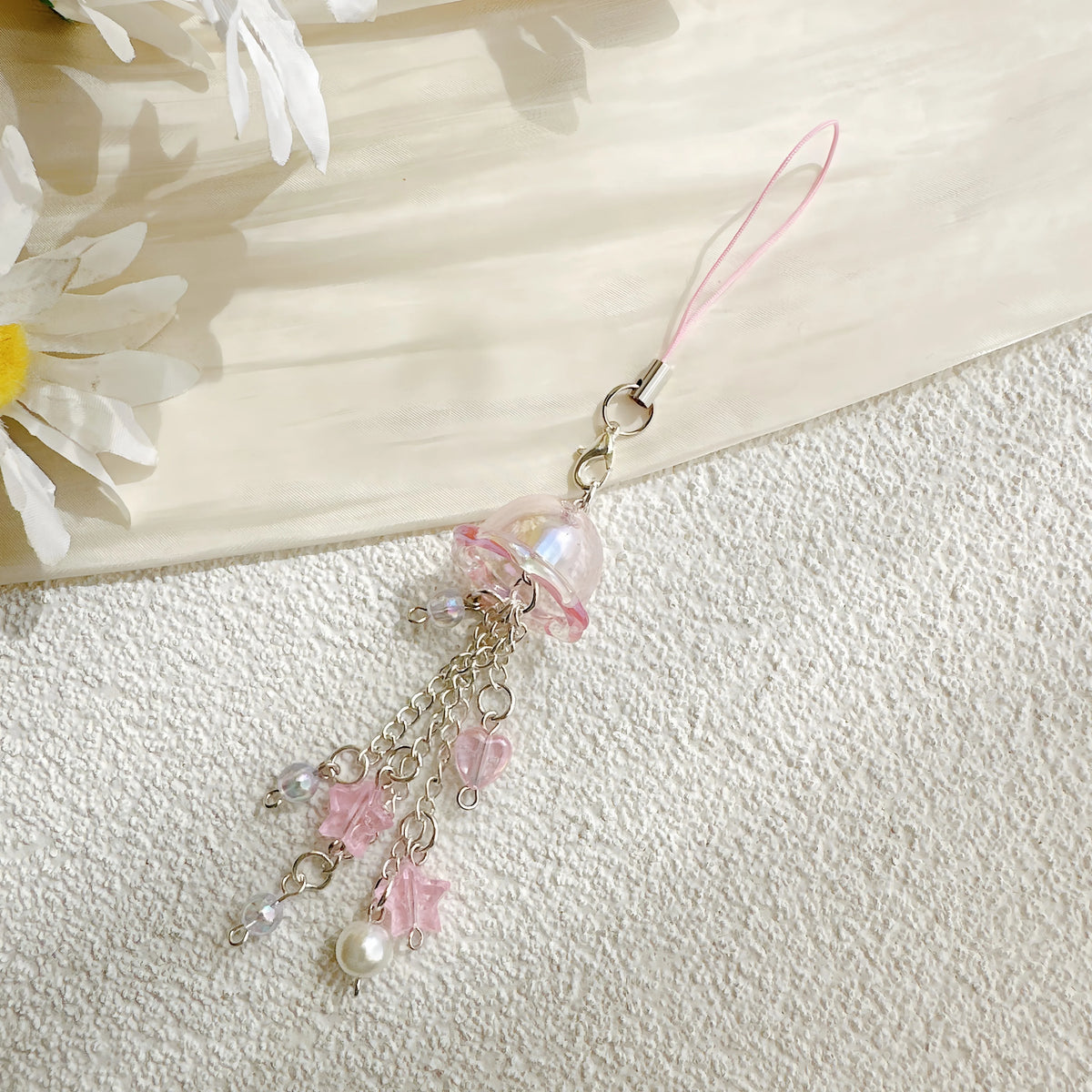 Purple Pink Jellyfish Key Chain Wind Chimes Star Heart Beaded Keyring for Phone Camera Earphone Case Charm Pendant Keycord