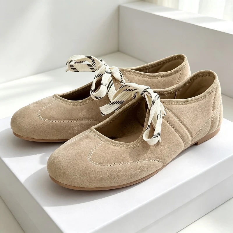 Fashion Round Toe Ballet Flats Women Lace-up Faux Suede Shallow Concise Soft Sole Mary Jane Shoes Women Casual Brand Shoes