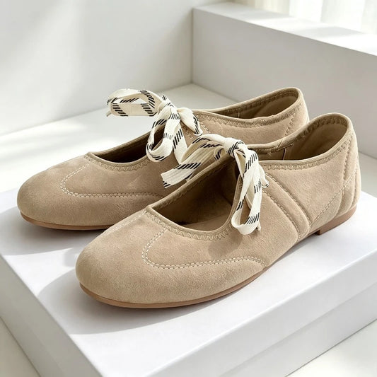Women's Lace-Up Round-Toe Ballet Flats