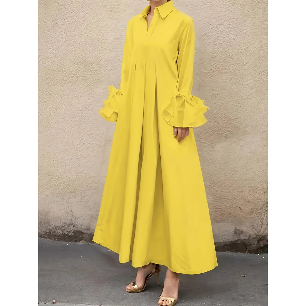 Elegant Women's Autumn Dress Turn Down Collar Solid Flare Sleeve Loose Casual High Street Pleated A-line  Long Dresses 2025