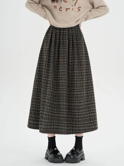 American Style Thickened Wool Vintage Plaid Midi Skirt Woman Elastic Waist Winter Casual A-Line Long Skirts Lady