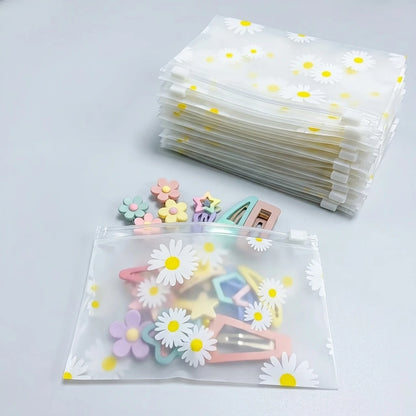30Pcs Daisy Print Frosted Zipper Bags Transparent Plastic Storage Pouch Reusable Seal Bag For Jewelry Cosmetic Stationery Travel