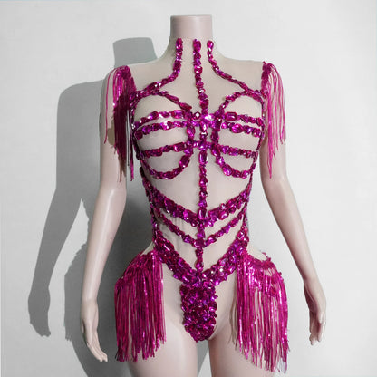 Black Sequins Fringes Leotard Mesh See through Party Bodysuit Women Sparkle Rhinestones Nightclub Prom Gogo Dance Stage Outfits