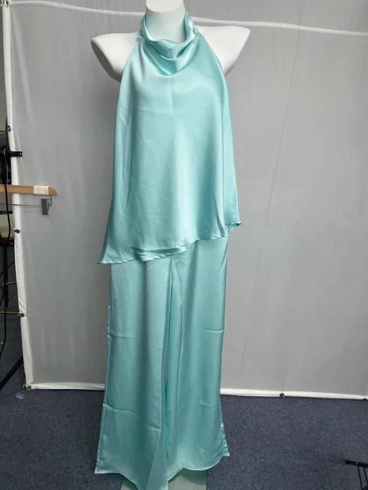 Solid Satin Halter Draped Collar Jumpsuit Backless Sleeveless Loose Top Wide Leg Pants 2026 Summer Autumn Fashion Women Outfits