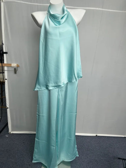 Solid Satin Halter Draped Collar Jumpsuit Backless Sleeveless Loose Top Wide Leg Pants 2026 Summer Autumn Fashion Women Outfits