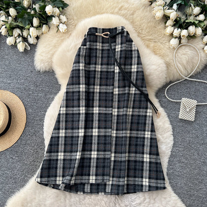 Retro Plaid Splicing A-Line Midi Skirt Women's High Waist Slimming Commute Elastic Waist Skirts Korean Style City Commute
